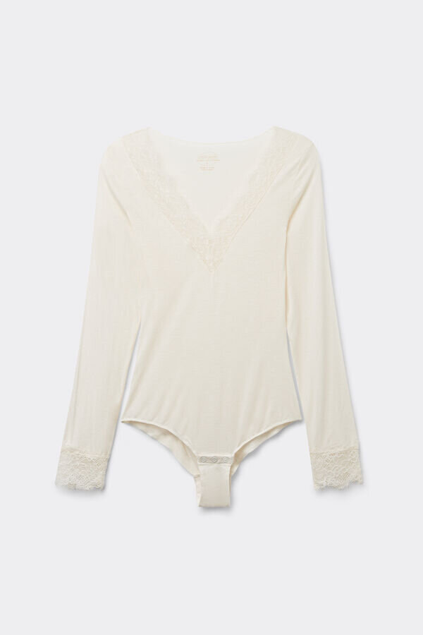 Body s dlouhým rukávem z ultralehkého modalu s kašmírem a krajkou Body s dlouhým rukávem z ultralehkého modalu s kašmírem a krajkou