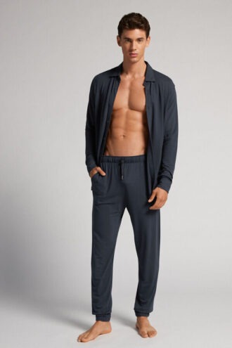 Dlouhé kalhoty z modalu a hedvábného piqué