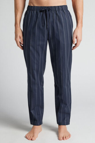 Dlouhé kalhoty z modré bavlněné látky s bílými pruhy