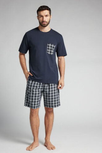 Kostkované krátké pyžamo z látky a bavlny