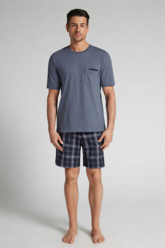 Krátké pyžamo z denimové látky s kostkovaným potiskem a bavlny