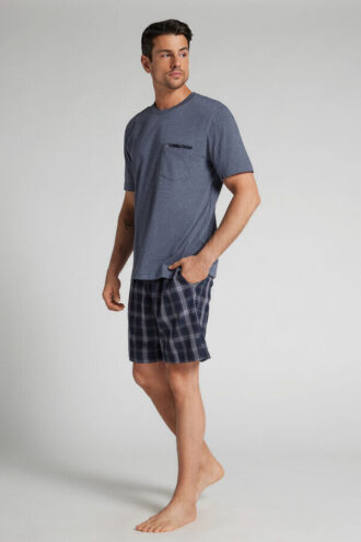Krátké pyžamo z denimové látky s kostkovaným potiskem a bavlny