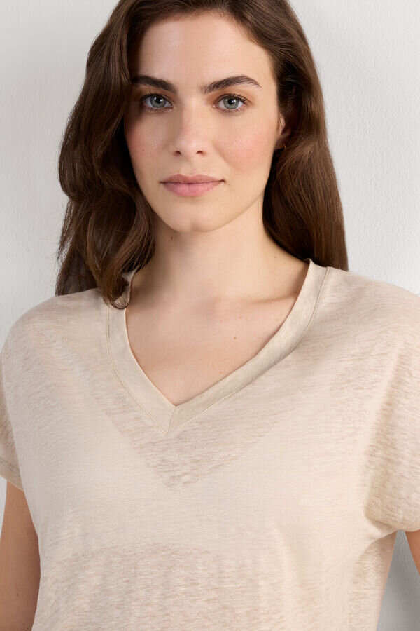 Krátké rukávy s výstřihem do V z čistého lnu Krátké rukávy s výstřihem do V z čistého lnu