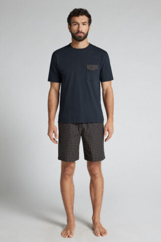 Modré a krémové krátké pyžamo s kostkovaným potiskem z látky a bavlny