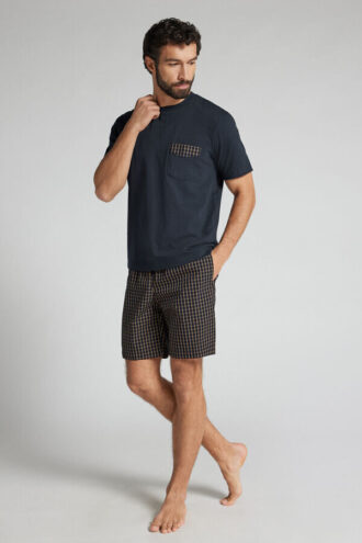 Modré a krémové krátké pyžamo s kostkovaným potiskem z látky a bavlny
