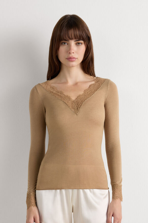 Ultralehká kašmírová halenka s dlouhým rukávem a krajkou Ultralehká kašmírová halenka s dlouhým rukávem a krajkou